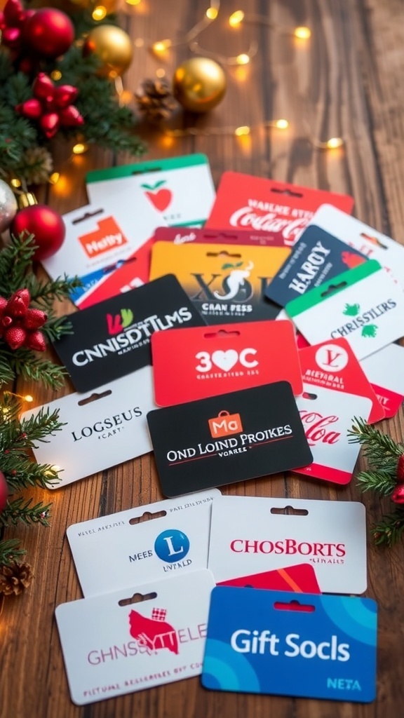 A collection of colorful gift cards on a wooden table with Christmas decorations.